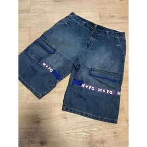 Marithe Francois Girbaud Mens Denim Cargo Shorts Blue Baggy M+FG Straps 38M y2k